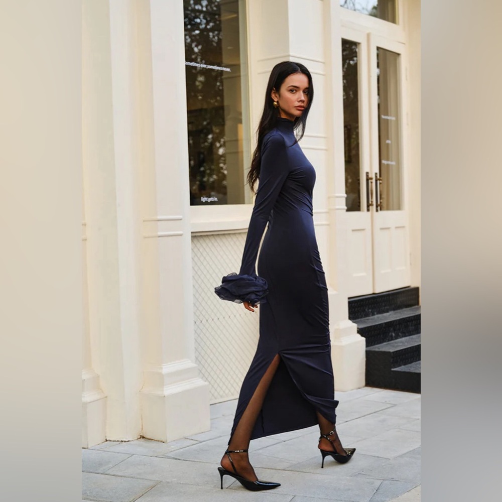 NWT Commense Elegant Ruffle Split Jersey Long Dre… - image 3